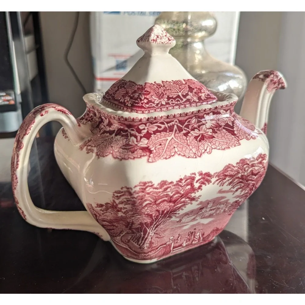 Mason's Vista Pink Red Transfer Teapot & Lid England Vintage $250.00